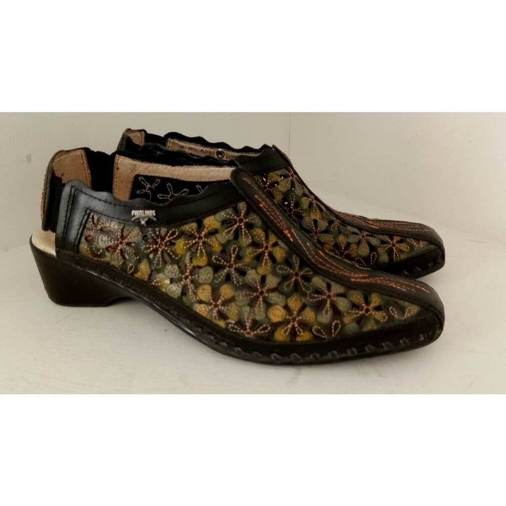 Pikolinos Romano Black Green Floral Cutout Slip-On Shoes Size EU 36 US 5.5 6